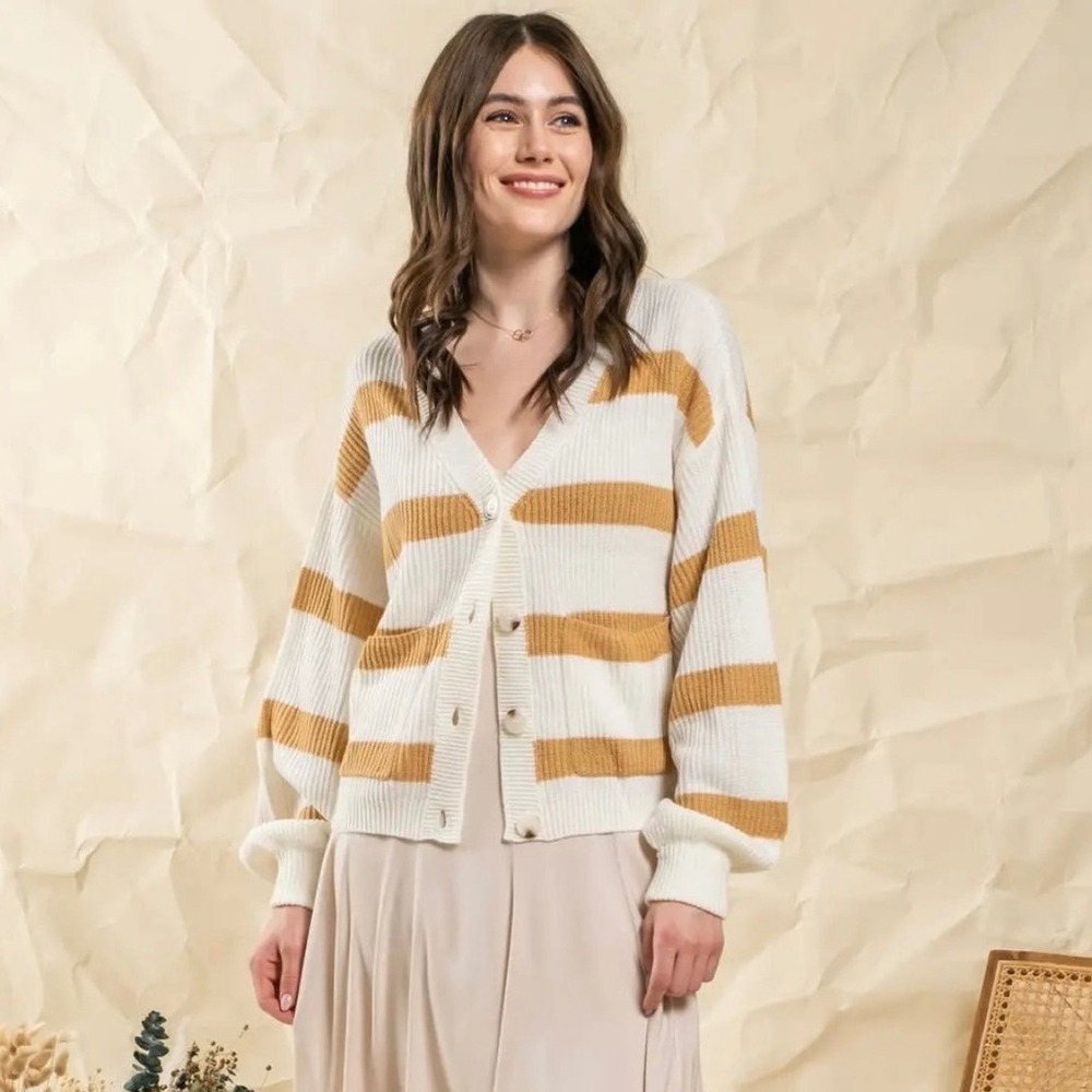Anthropologie Moon‎ River Cream Brown Stripe Cardigan Sweater Women's Size L